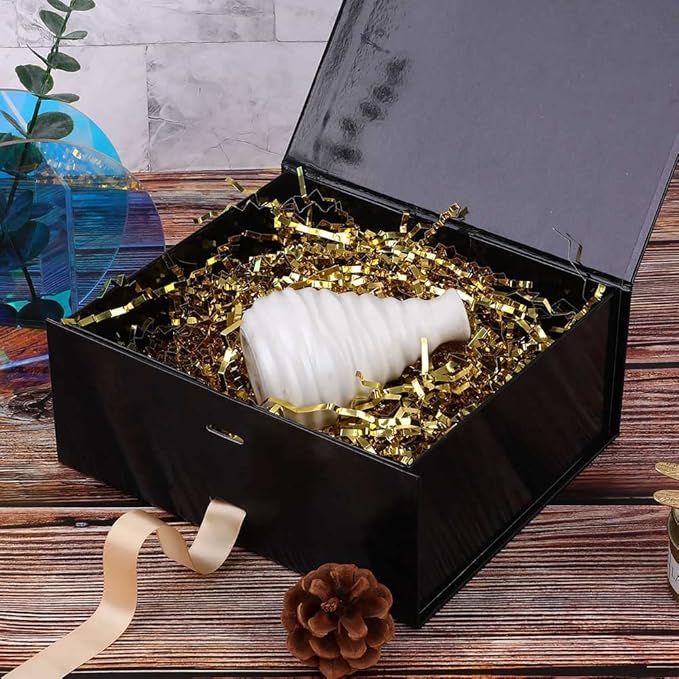 Black Gift Box 8x7x3.3 Inches, Luxury Gift Box with Ribbon, Empty Box with Lid Magnetic Closure, Groomsman Box, Collapsible Small Gift Boxes for Presents Packaging, Wedding (Glossy Black)