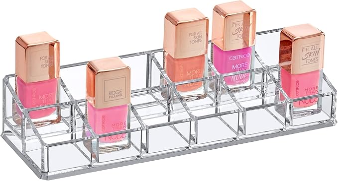 Amazing Abby - Glamour - 12-Slot Acrylic Nail Polish Organizer, Lipstick Holder, Lip Gloss Organizer, Cosmetic Storage Display, Perfect Storage Solution for Drawer, Vanity, Bathroom, and More