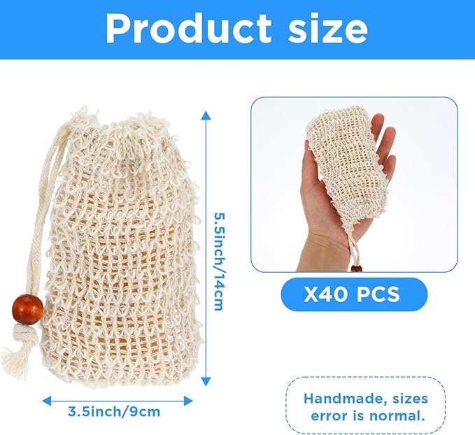 40 Pack Soap Bags Mesh Exfoliating with Drawstring Bar, Natural Sisal Soap Pouch Drying Exfoliating Net for Bath and Shower