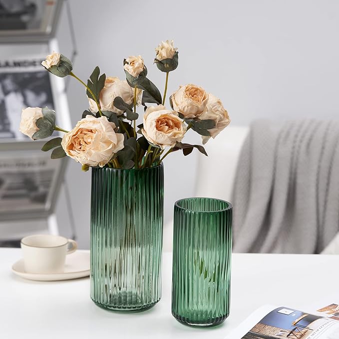 Flower Vase 9.7 inch Green Thickened Hand Blow Glass Vase Round Vintage Striped Bottles for Bookshelf,Dinner Table,Indoor Office Desktop,Meeting Room,Bathroom,Countertop,Home