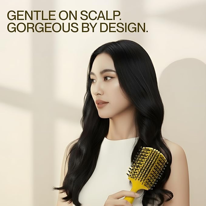 COCCO Aura Vent Boar Brush | Vented Dual-Curved Design for Faster Drying, Effortless Detangling & Shine, Boar + Nylon Bristles, Ergonomic Comfort Handle for Wet & Dry Hair Styling - Yellow