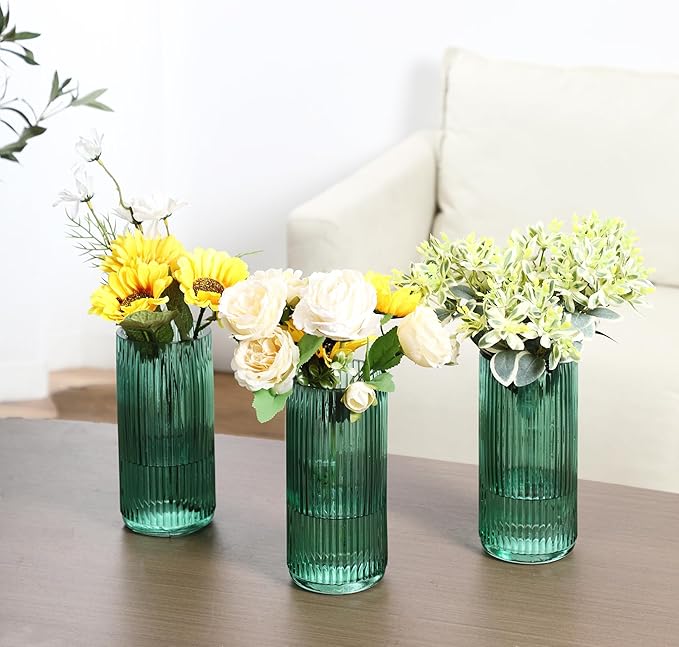 Green Glass Vases, Flower Vases Set of 3, Ribbed Glass Vase for Tulips, Tall Cylinder Glass Vases for Living Room, Bedroom, Dining Table, Office, Wedding, Bookshelf Decoration, 8 Inches