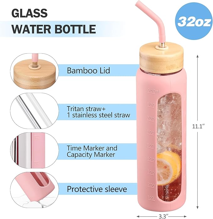 32oz Glass Water Bottle with Straw and 2 Lids- Bamboo and Spout Lid,Motivational Sports Water Bottle with Silicone Sleeve and Time Marker,Reusable for Gym, Outdoors, Pink