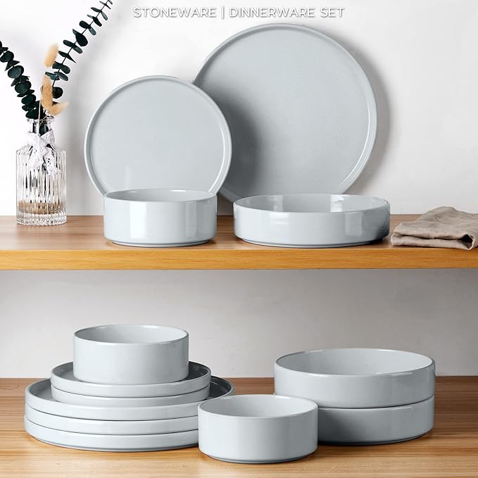 Onader Dinnerware sets, 24 Piece Plates and Bowls, Stoneware Kitchen Dinner Dish Set for 6, Ceramic Speckled Dinnerware with Pasta Bowl - Slate Gray