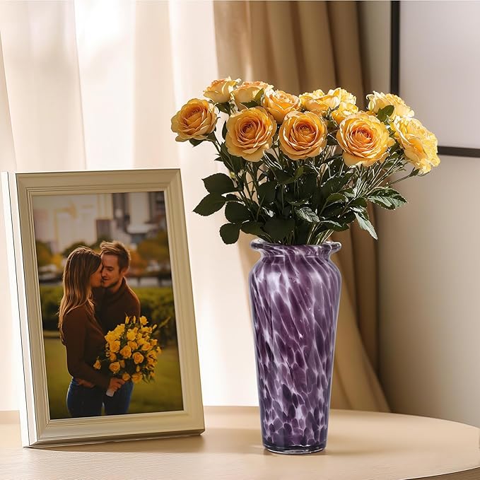 Blown Glass Purple vase, Purple Home Decorations, Modern Art Wide Mouth vase for Living Room Dining Table Coffee Table entryway TV Cabinet nightstand Centerpiece.