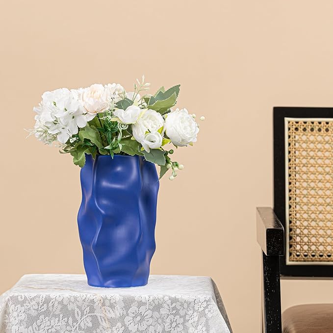 Klein Blue Ceramic Vase with Organic Wave Texture - 8.3" Unique Flower Vase for Pampas Grass & Centerpieces, Decorative Boho/Farmhouse Vase for Living Room, Office Desk & Gift for Her/Yourself