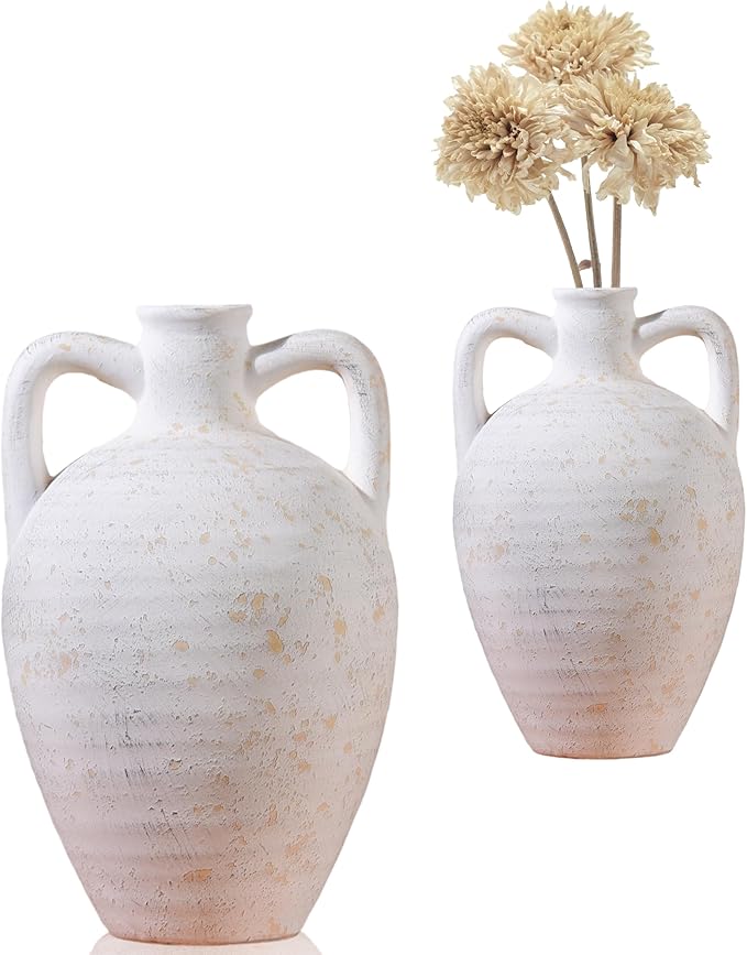 UPWOIGH Ceramic Flower Vase, 11.8 inch Tall Off-White Farmhouse Rustic Vase, Handcrafted Weathered Handle Pottery Vases, Large Flower Terracotta Vases for Home Decor, Living Room, Table, Shelf