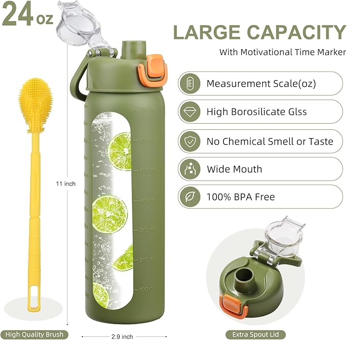 24 oz Glass Water Bottles with 2 Lids-Handle Spout Lid & Straw Lid, Motivational Water Bottle with Time Marker and Silicone Sleeve,Leakproof-Army Green-1 Pack