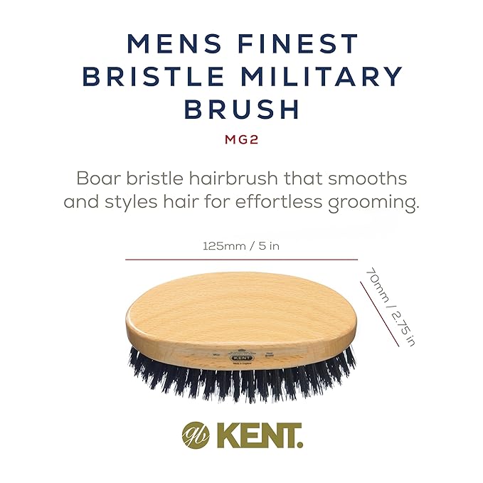 Kent MG2 Boar Bristle Hair Brush for Men, Military Brush with Natural Boar Bristles for Mens Grooming for All Hair Types, 360 Wave Brush Travel side for beard and mustache