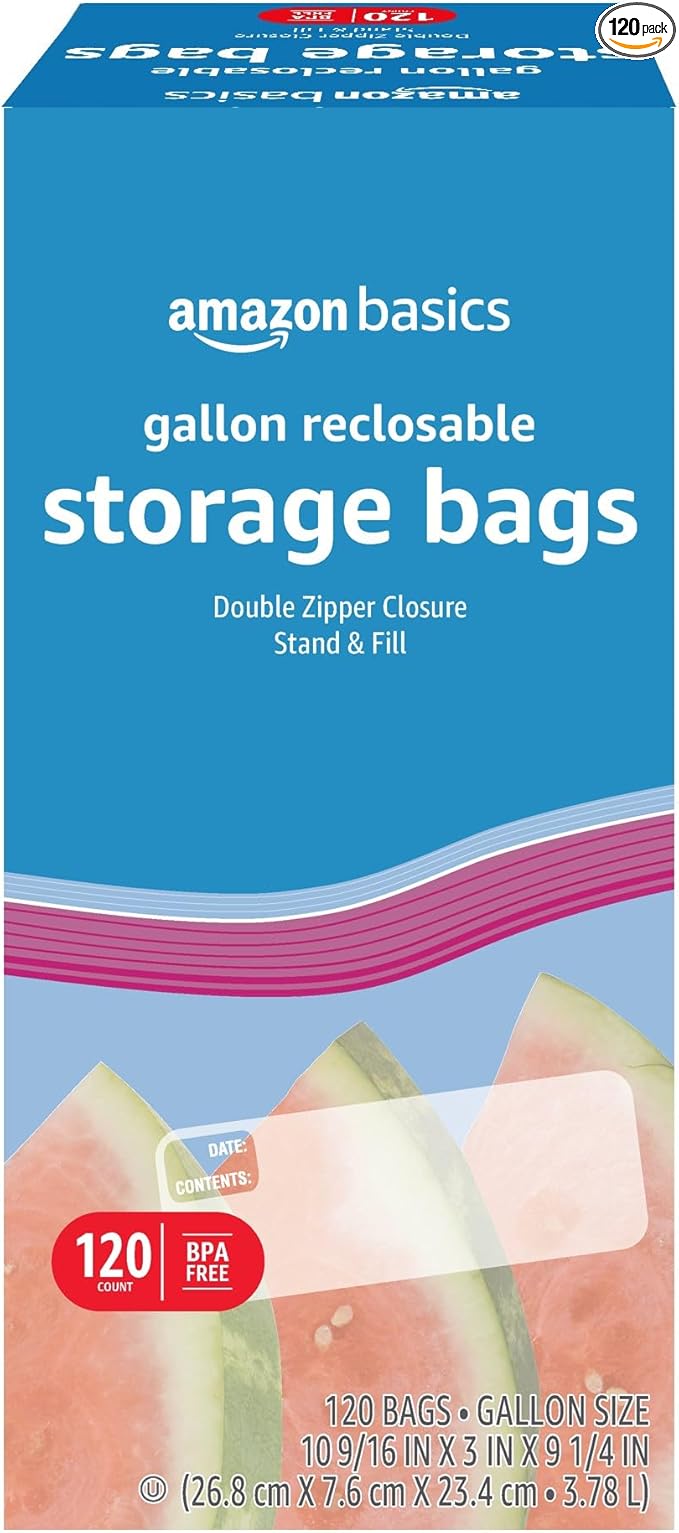 Amazon Basics Reclosable Gallon Food Storage Bags, BPA Free, 120 Count