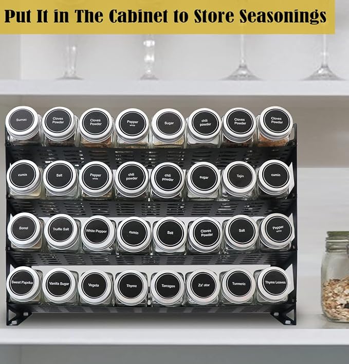 4 Tier Spice Rack Organizer with 32 Square Spice Jars and 160 Spice Labels Set for Kitchen Cabinet Countertop Pantry or Wall Mount, Matte Black