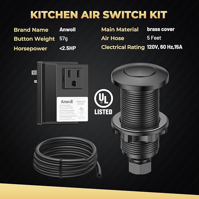 Garbage Disposal Air Switch Kit - Professional, UL Listed Wireless Sink Top Garbage Disposal Button, Stainless Steel/Black On/Off, Compatible with all garbage disposals