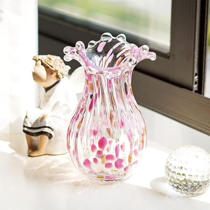 QFkris Handblown Glass Vase, Modern Art Flower Vase with Pink Petal Decorative for Home Decor, 8.5 inch Tall for Living Room Dining Tabletop Centerpiece Statement Office Decoration