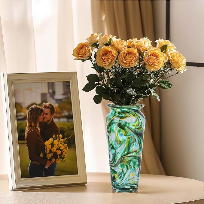 Blown Glass Green vase, Green Home Decorations, Modern Art Wide Mouth vase for Living Room Dining Table Coffee Table entryway TV Cabinet nightstand Centerpiece.