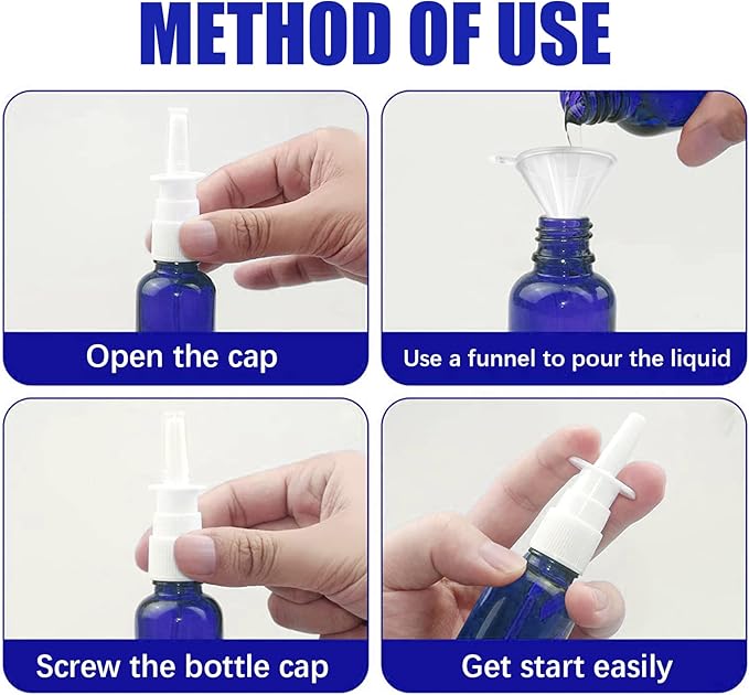 Cupohus Nasal Spray Bottle, 3 Pcs 30ML/1oz Cobalt Blue Glass Refillable Fine Mist Sprayers Atomizers, Travel Sized, Empty Nasal Sprayer with Funnels and Labels