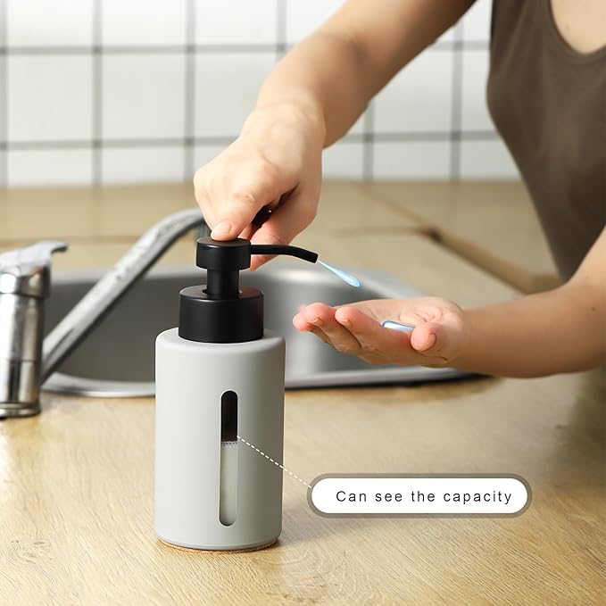 Enra Glass Dish Soap Dispenser with Window,12oz Light Gray Soap Dispenser with Stainless Steel Hand Lotion Pump,Refillable Bathroom Soap Dispenser for Bathroom Kitchen(Light Gray/Liquid Type)
