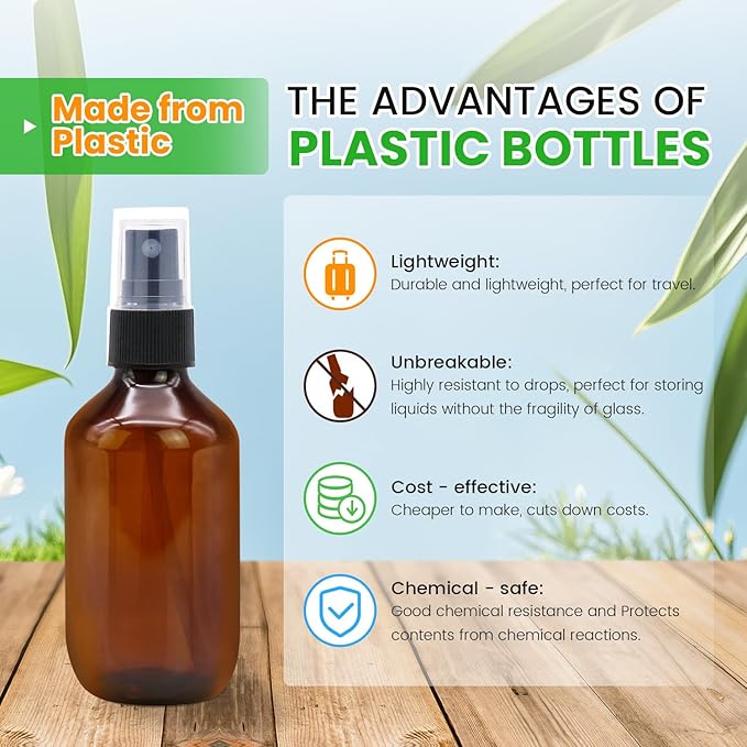 SYNTECSO 24 Pack 2oz Amber Plastic Spray Bottles, Fine Mist Spray Bottles for Essential Oils, Water Spray Bottle for Hair Plant & Cleaning Solution