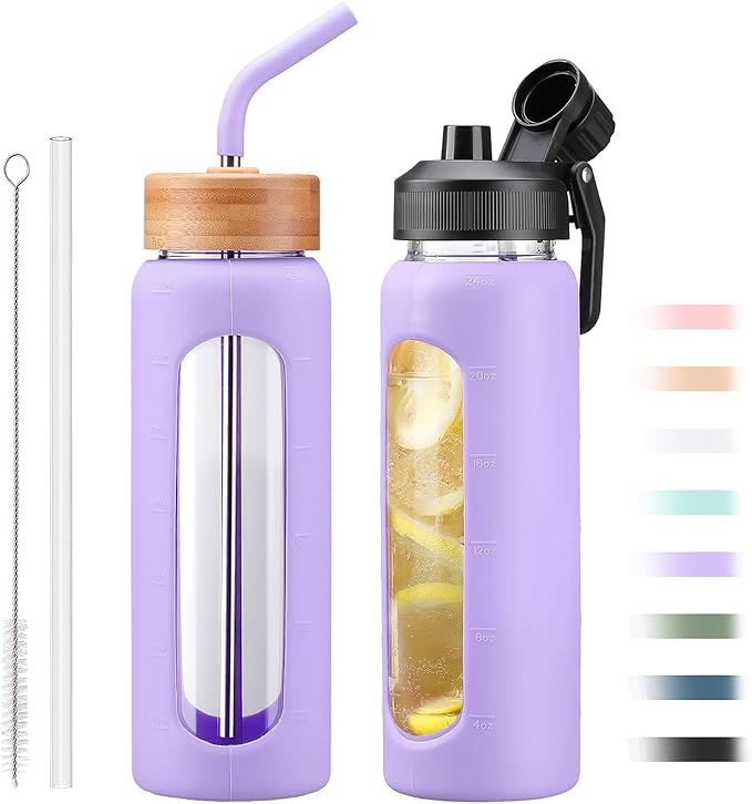 24oz Glass Water Bottle with Straw and 2 Lids-Bamboo and Spout Lid, Borosilicate Glass Water Bottle with Silicone Sleeve and Time Marker,BPA Free & Cupholder Friendly,Purple