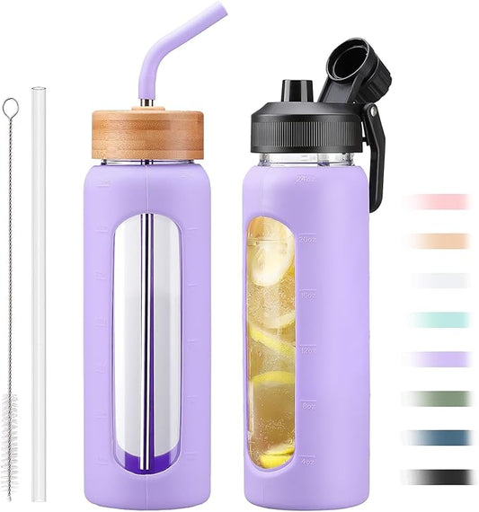 24oz Glass Water Bottle with Straw and 2 Lids-Bamboo and Spout Lid, Borosilicate Glass Water Bottle with Silicone Sleeve and Time Marker,BPA Free & Cupholder Friendly,Purple