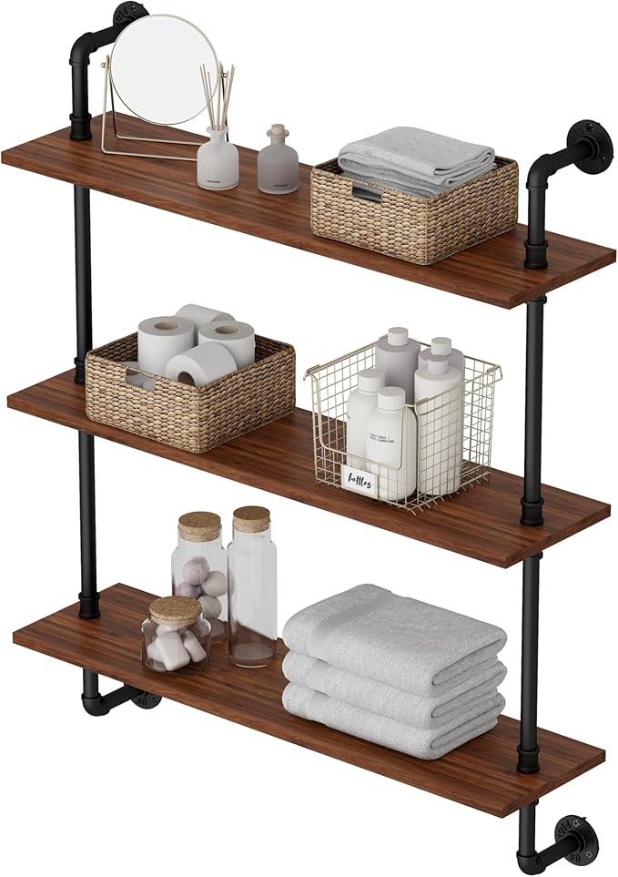 3-Tier Industrial Pipe Floating Shelf – Rustic 24 inch Wood Wall-Mounted Storage Shelf for Kitchen Office,Bathroom & Home Decor -Walnut