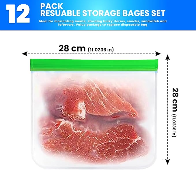 12-Pack Reusable Silicone Gallon Ziplock Freezer Bags – Extra Thick, BPA-Free, Leakproof, Stand-Up & Dishwasher Safe – Large Food Storage Bags for Meal Prep, Marinating, Travel & Kitchen Organization