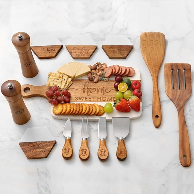 Luxury Kitchen Gift Set for Housewarming – Marble Cheese Board, Acacia Wooden Grinders, Cheese Knives & Utensils, Coaster Set – Elegant Charcuterie & Cooking Gift Box for Women, Couples, New Home