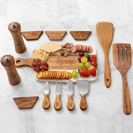 Luxury Kitchen Gift Set for Housewarming – Marble Cheese Board, Acacia Wooden Grinders, Cheese Knives & Utensils, Coaster Set – Elegant Charcuterie & Cooking Gift Box for Women, Couples, New Home