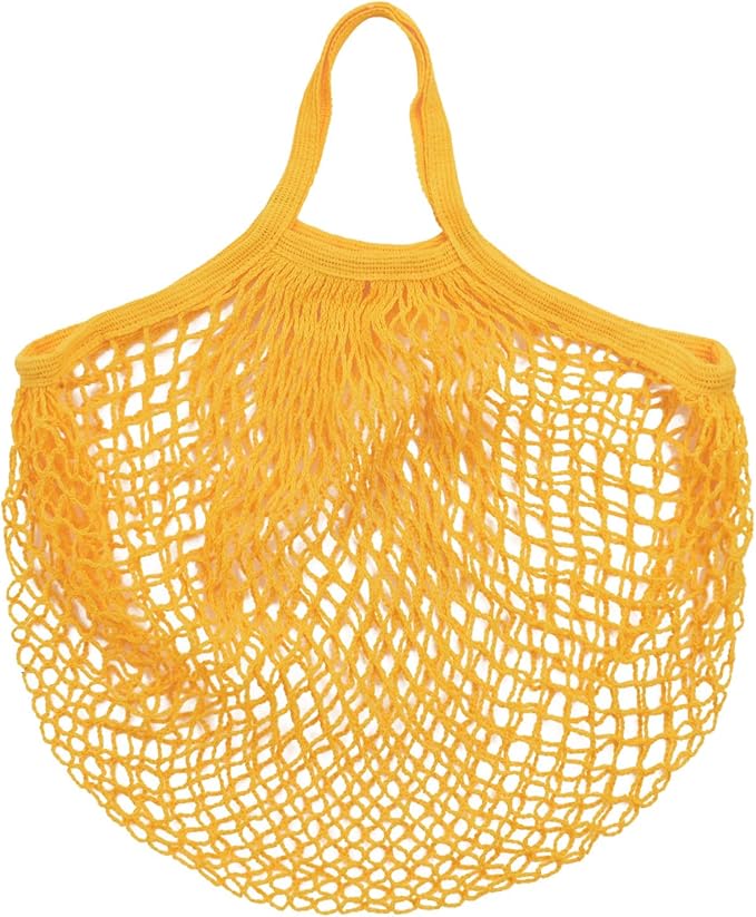 1-Pack Cotton Mesh Bag, Reusable Washable Mesh Net String Grocery Bags, Reusable Produce Bags with Handle, Net Tote Bag for Fruits/Vegetables Shopping [Yellow, Short Handle]