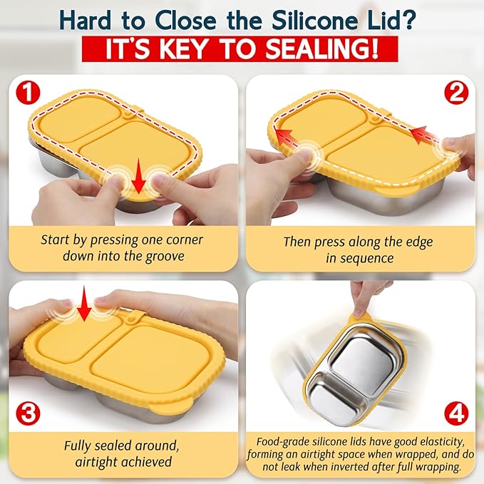 3 Pack Stainless Steel Snack Containers with Silicone Lids, Meal Prep Containers, Reusable 2 Compartment Food Storage Containers, Stainless Steel Box for Lunch, Office, Travel