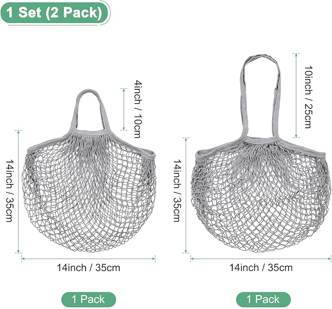 2-Pack Cotton Mesh Bag, Reusable Washable Mesh Net String Grocery Bags, Reusable Produce Bags with Handle, Net Tote Bag for Fruits/Vegetables Shopping [Gray, Long&Short Handle]