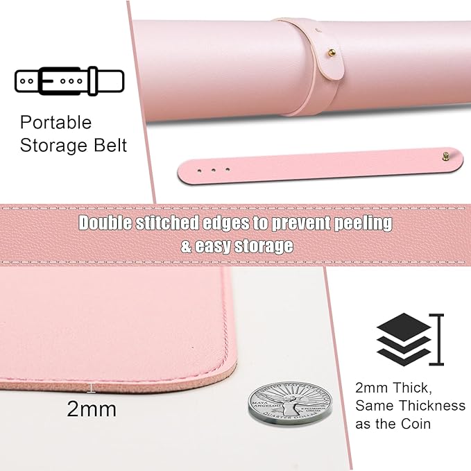 Non Slip Desk Mat, 31.5" x 15.7" PU Leather Desk Pad, Cork Desk Mat for Desktop, Desk Pad for Keyboard and Mouse, Ideal for Office and Home, Pink