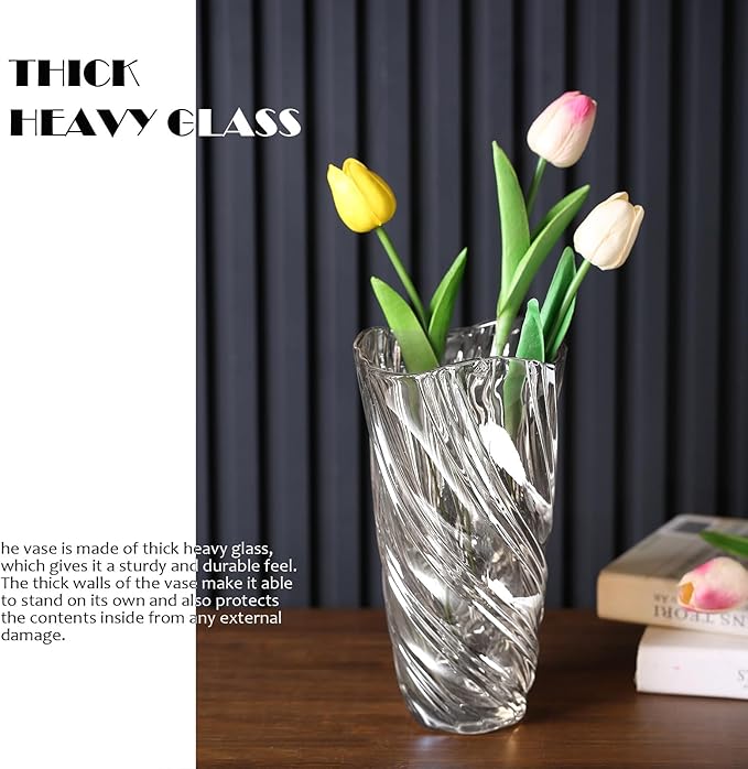 Glass Vase,Elegant Spiral Decorative Centerpiece for Home, Office,Wedding, Stylish Blown Glass Flower Vase, Clear