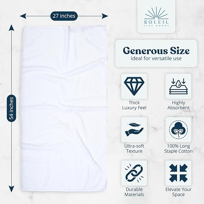 Soleil Fine Goods Luxurious 800 GSM 100% Cotton Bath Towel Set (4-Pack, 27x54) - Heavyweight & Ultra Absorbent, Plush Softness for Bathroom | Hotel & Spa Quality Luxury Towels- White