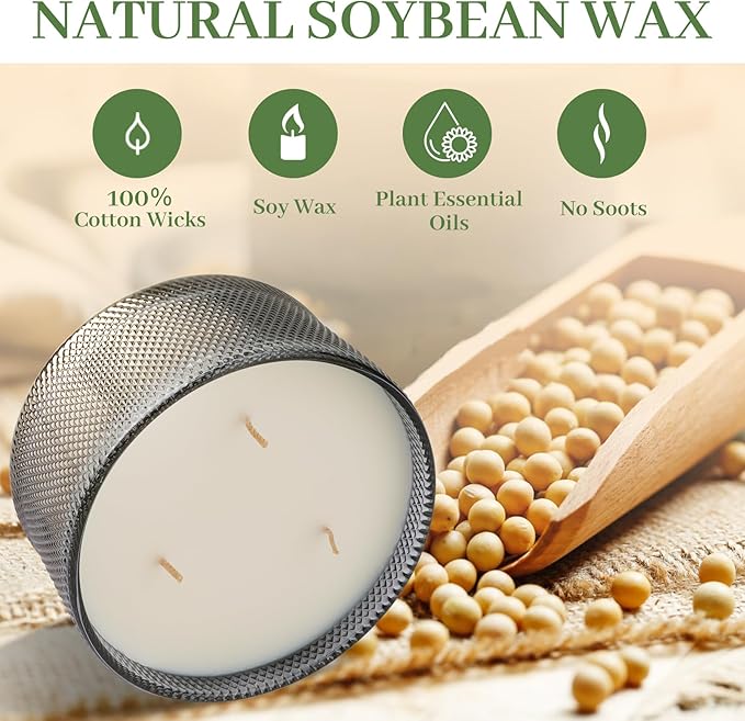 Sandalwood Scented Candle - 10.58 oz Natural Soy Wax with 3 Wicks, 50-Hour Burn Time Aromatherapy Candle for Home & Relaxation, Christmas Gift for Women & Men