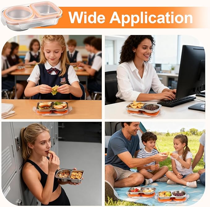 Stainless Steel Snack Containers, 6.5oz 2 Compartment Snackle Box with Lids Airtight, Leakproof Bento Box Metal Lunch Container Reusable Food Storage for Travel, Picnics (Orange)