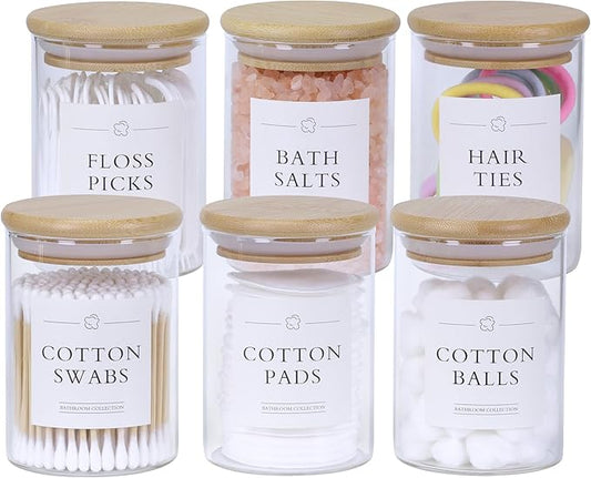 6 Pack Qtip Holder Dispenser - Glass Apothecary Jars with Lids, Cotton Ball Pad Swab Round Holder, Bamboo Bathroom Accessories, Bathroom Organizers Containers Jars Canisters with Lids