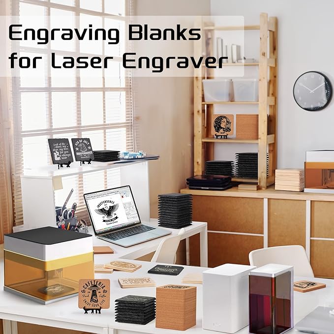 89 PCS Square Blank Coasters Bulk for Laser Engraving, MAPRIAL 4 Inch 100% Natural Black Slate Stone, Wood, Cork, Engravable Materials for Engraver, Gifts, Crafts, Wedding