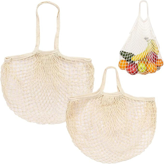2-Pack Cotton Mesh Bag, Reusable Washable Mesh Net String Grocery Bags, Reusable Produce Bags with Handle, Net Tote Bag for Fruits/Vegetables Shopping [Cream, Long&Short Handle]