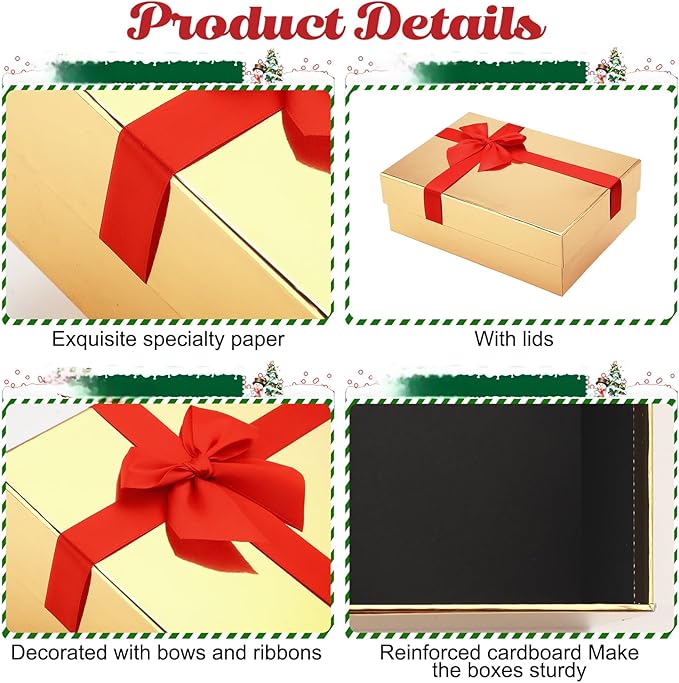 Tenceur 10 Pcs Gift Boxes with Lids Heavy Duty Nested Assorted Sizes Cardboard Gift Boxes for Presents with Ribbon for Xmas Holiday Present(Gold, Red,5 Size)