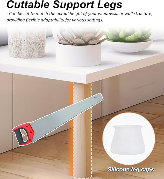 Cuttable Wooden Window Sill Extender Shelf - Space-Saving Plant Stand with Adjustable Legs, Window Ledge Extension Board (60x30x40cm / 24x12x16in)