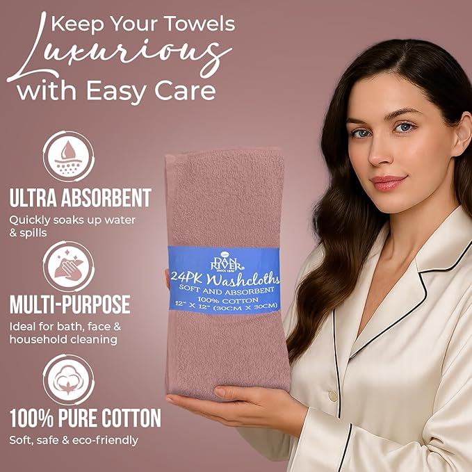 DAN RIVER 100% Cotton Wash Cloths 24 Pack [12x12] Soft & Absorbent face Towel for Showering, Gym, Hotels & Spa Perfect for Everyday Use Fingertip Towels, Dusty Pink