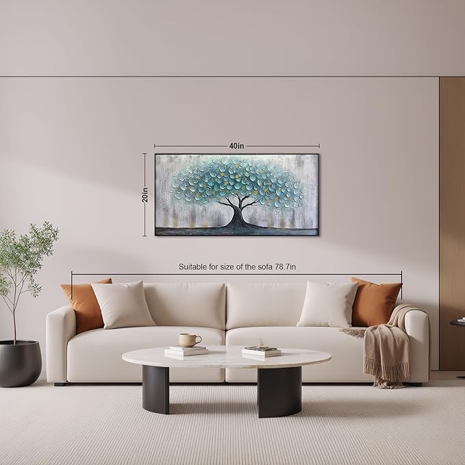 Teal Blue Tree of Life Canvas Wall Art, Hand Painted Modern Abstract Textured Painting, Large Framed Panoramic Landscape wall art for Living Room, Bedroom, Office, Home Decor 40"x20"
