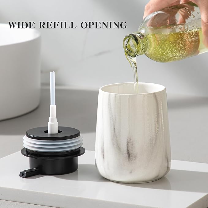 Enra Ceramic Soap Dispenser,12 oz Marble Lotion Dispenser Bathroom Liquid Refillable Hand Soap Dispenser for Bathroom Kitchen with Easy-to-Press Pump(Marble Liquid Type)