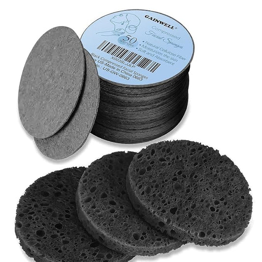 GAINWELL 50-Count Black Compressed Facial Sponges for Daily Facial Cleansing and Exfoliating, 100％ Natural Cosmetic Spa Sponges for Makeup Remover, Reusable