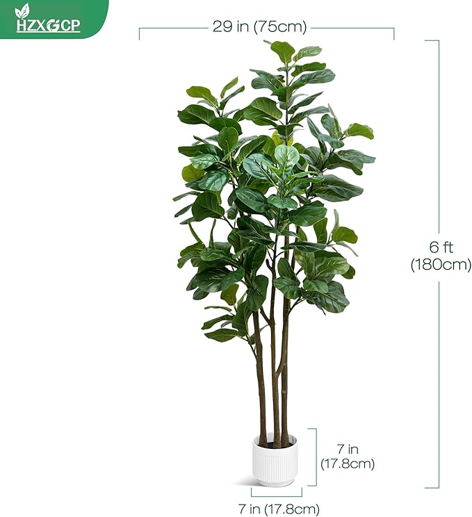 Faux Fiddle Leaf Fig Tree, 6ft Faux Plant Fake Ficus Silk Trees with White Planter, Artificial Fig Trees Floor Plants for House Office Living Room Indoor Home Decor (Fiddle Leaf)