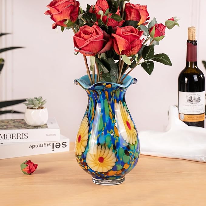 KAMMAK Colored Glass Vase, Beautiful Hand Blown Decorative Vase, Modern Art Vase for Flower Mantle Dining Table Centerpiece, Entryway Living Room Wedding Decoration, FH027