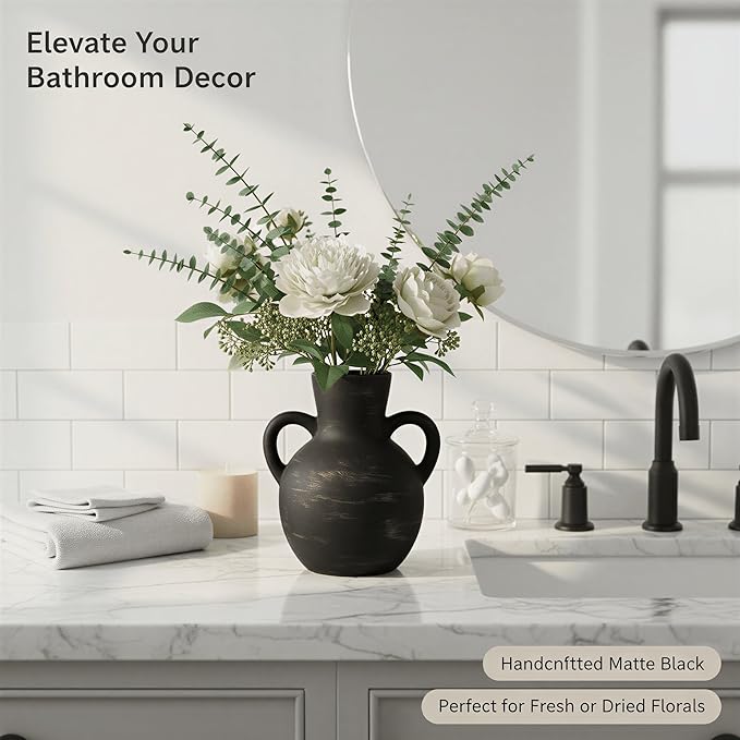 7.1-Inch Black Ceramic Flower Vase with Handles, Rustic Farmhouse Boho Pottery Decor for Table, Living Room & Shelf