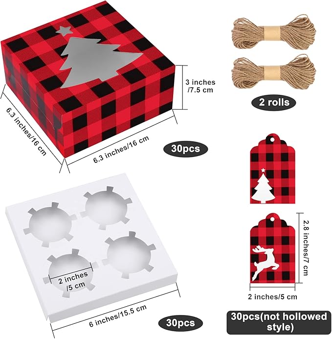 Ruisita 30 Pack Christmas Cupcake Boxes Plaid Cookie Gift Boxes Food Treats Container with Tags for Cupcake, Candy, Party Favors (Red+Black, 6.3 x 6.3 x 3 Inches)