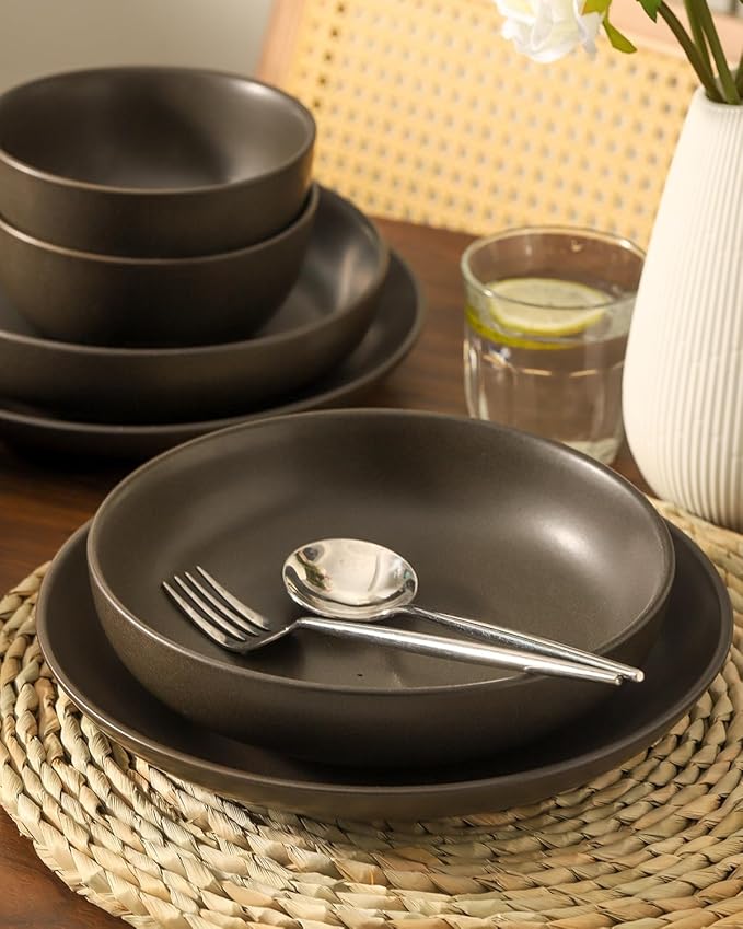 Ceramic Dinnerware Sets, Stoneware Plates and Bowls Sets, Farmhouse 12 Piece Dish Set for 4, Plates Set for Kitchen, Scratch Resistant, Dishwasher & Microwave Safe, Matte Black