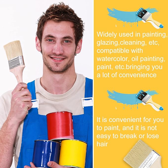 Remerry 96 Pcs 3 Inch Paint Brushes Bulk, Natural Bristle Chip Brushes with Wooden Handle, Flat Art Applicators for Wall, Furniture, Kids, Fences Details